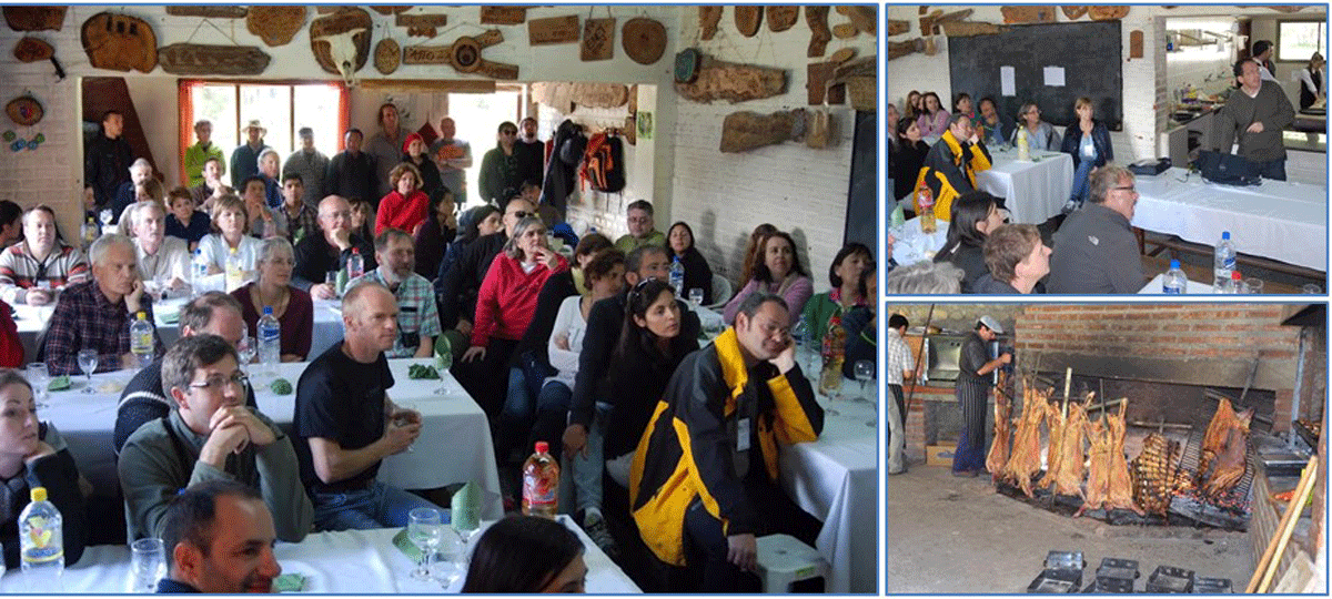 Participants of the 7th IUFRO Phytophthora Working Group (November 10-14, 2014, Esquel, Patagonia, Argentina) attending presentations at Los Alerces National Park. Participants observed native forest sanitary problems, including the mortality of Austrocedrus chilensis affected with mal del cipres caused by Phytophthora austrocedri . Typical Argentinian asado in bottom right photo. photos by G. Abad